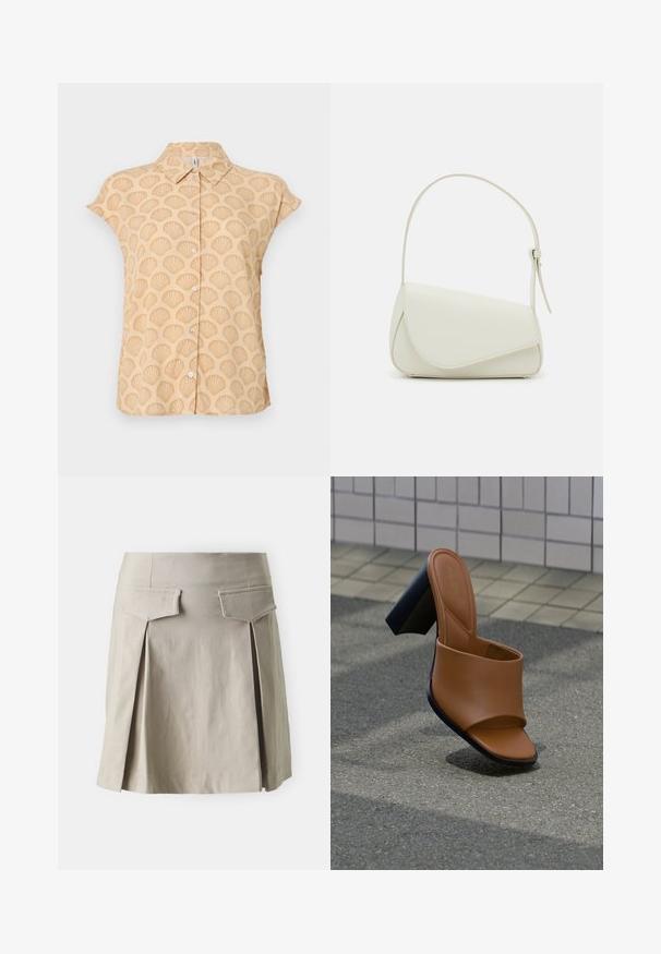 Lyhythihainen paita vaaleasta beigestä kankaasta, jossa on kohokuvioitu simpukkakuosi, terävä kaulus ja napitettava etuosa.; Beige viikkohame, jossa on suora leikkaus, kahdella takataskulla ja sileällä pinnalla. Kangas vaikuttaa kevyeltä ja rentolta.; Ruskea keinonahkainen liukuava sandaali, jossa on sileä pinta, avoin varvas ja paksu musta korko. Minimalistinen muotoilu, jossa leveä nauha jalan yli.; Valkoinen keinonahkainen käsilaukku, jossa on jämäkkä kolmion muoto, yksi säädettävä olkahihna ja kaareva läppäkiinnitys.