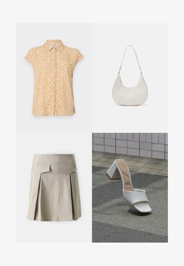 Camisa de manga corta en tela beige clara con patrón de conchas en relieve, que presenta un cuello puntiagudo y cierre frontal con botones.; Falda plisada beige con corte recto, que cuenta con dos bolsillos traseros y una textura suave. La tela parece ligera y casual.; Zueco blanco de punta abierta con tira acolchada y tacón cuadrado sobre asfalto cerca de una pared de azulejos.; Bolso de hombro de cuero crema con forma de media luna, correa delgada y sutil detalle de costuras. Diseño minimalista con acentos de hardware en tono dorado.