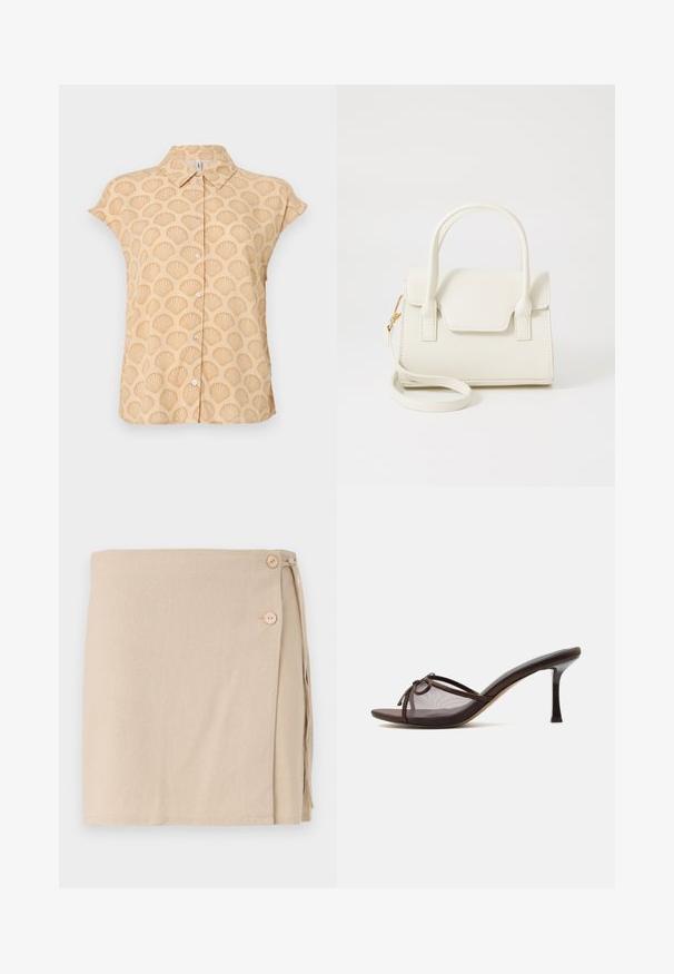 Camisa de manga corta en tela beige clara con patrón de conchas en relieve, que presenta un cuello puntiagudo y cierre frontal con botones.; Falda envolvente beige de tela suave, con dos botones de madera y un detalle atado en el lateral. Textura lisa, diseño de longitud media.; Zapato mule marrón con puntera abierta, tacón de aguja de altura media, parte superior de malla transparente y pequeño detalle de lazo en la parte superior.; Bolso pequeño blanco con doble asa, solapa frontal y correa de hombro desmontable con cierre dorado sobre fondo blanco liso.