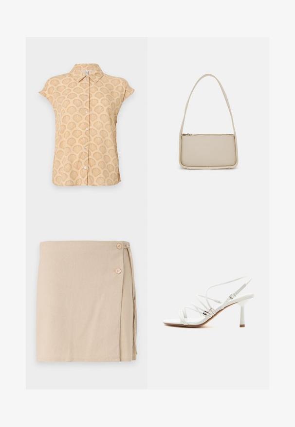 Camisa de manga corta en tela beige clara con patrón de conchas en relieve, que presenta un cuello puntiagudo y cierre frontal con botones.; Falda envolvente beige de tela suave, con dos botones de madera y un detalle atado en el lateral. Textura lisa, diseño de longitud media.; Sandalia blanca de tacón alto con tiras finas, detalles plateados, puntera cuadrada y un tacón delgado de altura media sobre un fondo blanco liso.; Even&Odd by Zalando Bolso de mano - off white