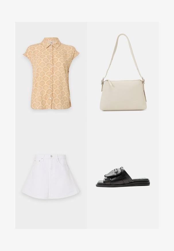 Camisa de manga corta en tela beige clara con patrón de conchas en relieve, que presenta un cuello puntiagudo y cierre frontal con botones.; Falda de mezclilla blanca con un diseño acampanado, cuenta con una cintura entallada, cinco bolsillos y un cierre de botón en la parte delantera. Textura suave.; Sandalia tipo slide de cuero negro con suela acolchada y detalle de bolsillo con cremallera en la parte delantera de la correa.; Bolso de hombro beige hecho de cuero suave con cierre de cremallera. Presenta un diseño simple, correa de hombro delgada y acentos de hardware metálico.