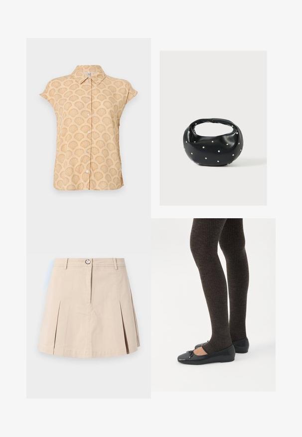 Camisa de manga corta en tela beige clara con patrón de conchas en relieve, que presenta un cuello puntiagudo y cierre frontal con botones.; Falda corta beige con pliegues delanteros, cierre con botón y cremallera, y trabillas para cinturón, mostrada sobre un fondo claro y liso.; Piernas con leggings oscuros acanalados combinados con bailarinas negras que presentan pequeños detalles de lazo sobre un fondo blanco.; Bolso de mano de cuero negro con forma redondeada, decorado con detalles de tachuelas plateadas y un asa corta. Textura lisa y cierre con cremallera.