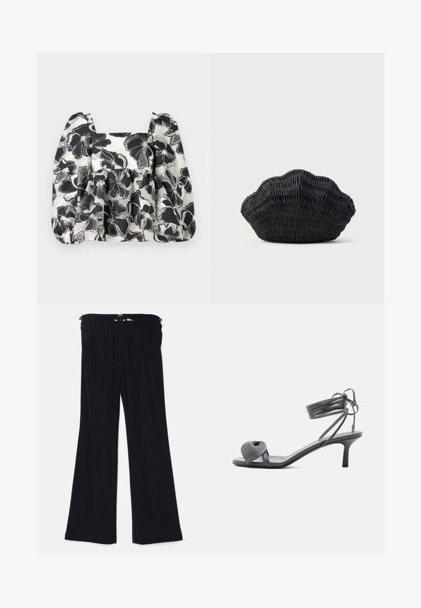Schwarze und weiße Blumenbluse mit puffärmeln, quadratischem Ausschnitt, strukturiertem Stoff und Metallfadenakzenten, die ein geschichtetes Erscheinungsbild schaffen.; Schwarze weit geschnittene Hosen aus weichem Stoff, mit einem elastischen Bund und Seitentaschen. Das Design weist eine glatte Textur ohne sichtbare Muster auf.; Graue Leder-Pumps mit Absatz, verknotetem Riemen über den Zehen und Wickelriemen um den Knöchel auf schlankem, mittelhohem Absatz vor weißem Hintergrund.; Schwarze Korbtasche in Muschelform mit gebogenem Oberteil und gewebter Textur auf einfarbigem Hintergrund.