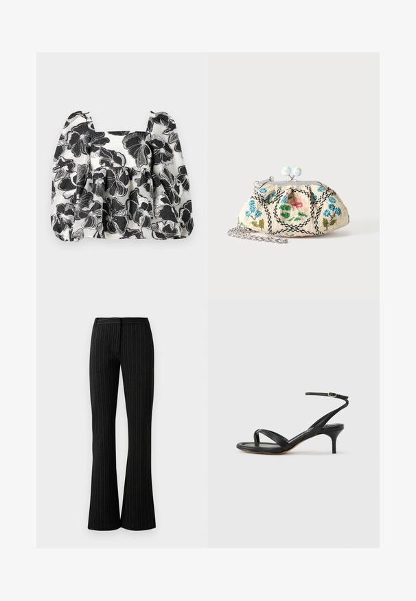 Blouse florale noir et blanc avec des manches bouffantes, un décolleté carré, un tissu texturé et des accents en fil métallique, créant une apparence superposée.; Pantalons noirs évasés avec un motif de rayures verticales. Fabriqués dans un tissu lisse, avec une taille plate et une coupe ajustée.; Sandale pour femme en cuir noir avec fines lanières, une boucle d'orteil, une boucle à la cheville et un talon aiguille de hauteur moyenne sur un fond neutre.; Petit porte-monnaie en tissu à fermoir avec broderie florale en perles, cadre métallique et bandoulière chaîne argentée sur un fond uni clair.
