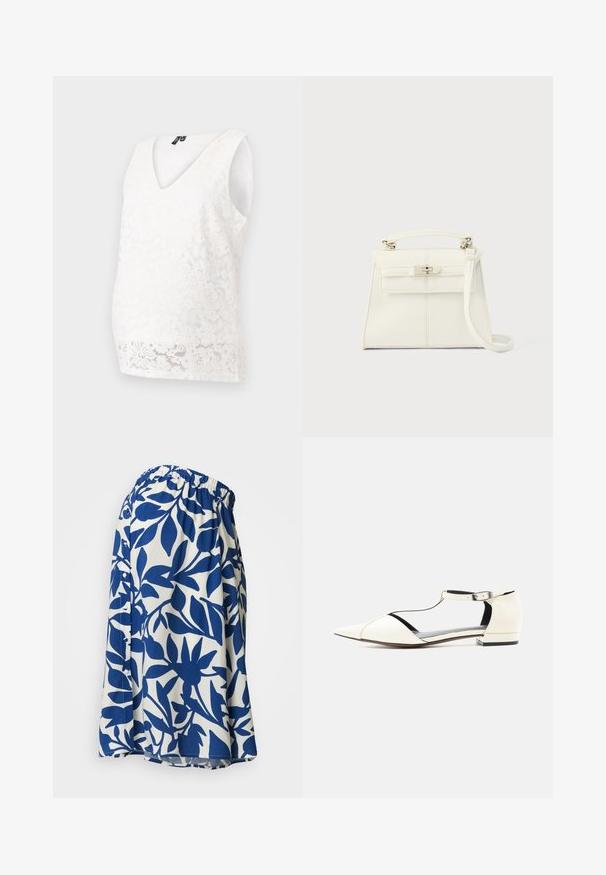 Top de maternidad blanco de encaje con escote en V, sin mangas, patrones florales y una forma ajustada que realza la silueta.; Falda con estampado floral y un diseño de hojas azules sobre un fondo blanco. Presenta una cinturilla elástica y una forma suelta y fluida.; Zapato plano blanco de punta puntiaguda con tira en T y hebilla en el tobillo, tacón bajo y lados recortados, exhibido sobre un fondo neutro.; Bolso de mano de piel blanca con forma estructurada, asa superior, correa de hombro desmontable y cierre con broche plateado. Textura suave, diseño minimalista.