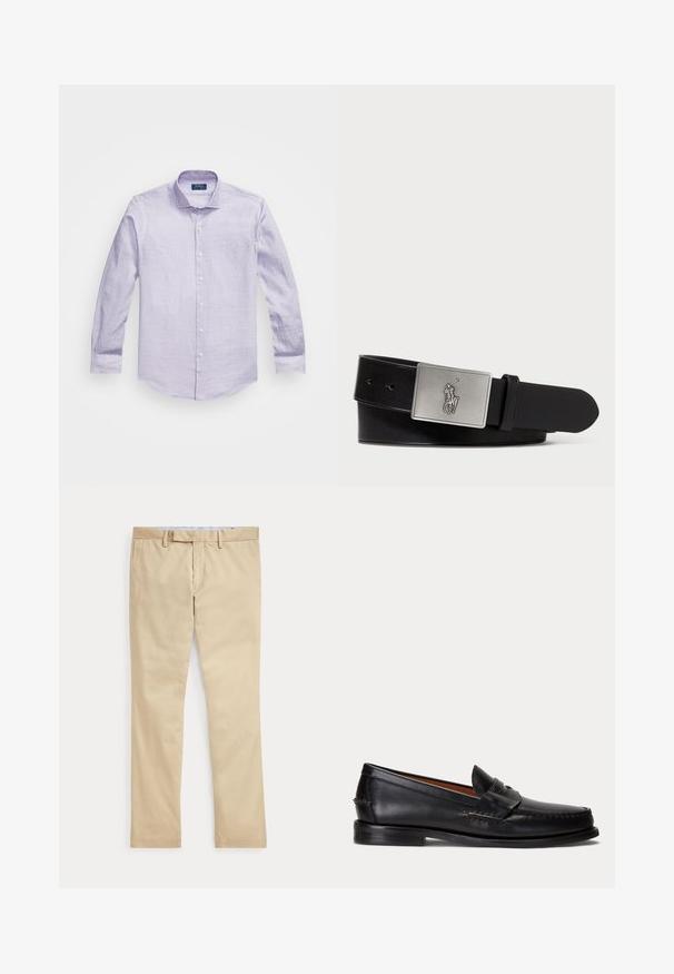 Lyse lilla langærmet skjorte med et diskret mønster, button-down krave og hvide knapper langs placket. Blød stofstruktur.; Beige bukser med lige ben, bæltestropper og frontlynlås, lagt fladt mod en hvid baggrund.; Sort læderloafer med lav hæl og pennyremdetalje, vist fra siden på en lysegrå baggrund.; Sort læderbælte med en rektangulær sølvmetalspænde med et præget hestebuddy-logo, glat tekstur og fem hul til spænde.