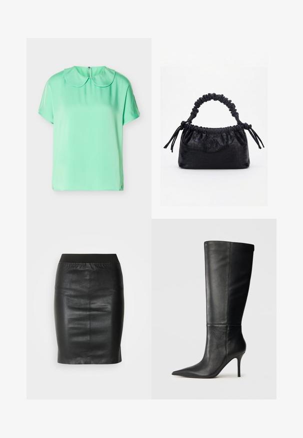 Blouse à manches courtes vert menthe avec col rond Peter Pan et fermeture à boutons au dos, présentée sur un fond blanc.; Jupe crayon noire en cuir lisse, dotée d'une taille élastique pour une silhouette ajustée et un design minimaliste.; Botte noire en cuir, hauteur genou, avec bout pointu et talon aiguille fin, texture lisse, profil latéral sur fond neutre.; Sac à main noir avec texture crocodile, bord supérieur froncé, poignée plissée et pompons à cordon de chaque côté sur fond blanc.