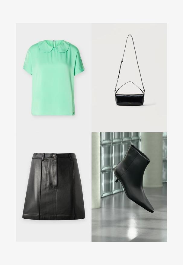 Blouse à manches courtes vert menthe avec col rond Peter Pan et fermeture à boutons au dos, présentée sur un fond blanc.; Jupe en cuir noir avec une forme structurée, dotée d'une poche avant et d'un accent métallique à la taille. Texture lisse et détails de couture.; Bottine en cuir noir à bout pointu et petit talon kitten, présentée en angle devant un sol poli et un mur en blocs de verre.; Sac bandoulière rectangulaire en cuir noir avec bandoulière ajustable, fermeture éclair sur le dessus et petit logo Calvin Klein doré sur le devant.