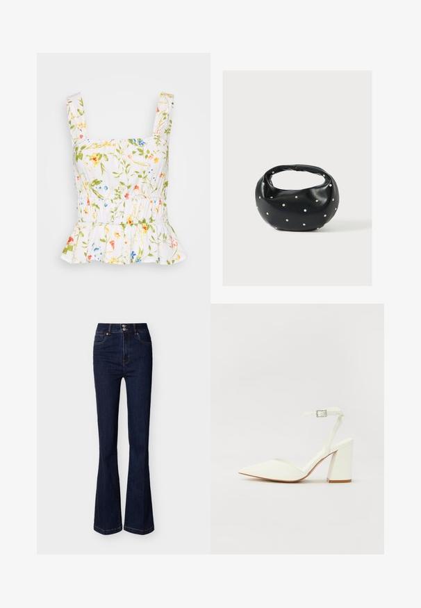 Haut floral blanc avec des motifs verts, bleus et roses. Présente des bretelles larges, une taille élastique et un volant en peplum à l'ourlet. Tissu léger.; Jean en denim bleu foncé taille haute avec jambes évasées, poches avant et fermeture à double bouton à la taille.; Sandale blanche à talon avec un bout pointu, sangle de cheville réglable et un talon carré épais. Texture lisse avec des détails de couture minimaux.; Sac à main en cuir noir de forme arrondie, décoré de clous argentés et équipé d'une poignée courte. Texture lisse et fermeture éclair.