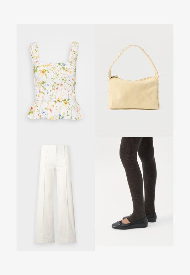 Haut floral blanc avec des motifs verts, bleus et roses. Présente des bretelles larges, une taille élastique et un volant en peplum à l'ourlet. Tissu léger.; Pantalon blanc taille haute à jambes larges avec coutures avant et passants pour ceinture, présenté sur un fond clair uni.; Jambes portant des leggings côtelés foncés associés à des ballerines noires avec de petits détails en nœud sur fond blanc.; Petit sac à main en cuir beige avec une seule bandoulière et des clous argentés le long des bords et de la bandoulière, posé sur un fond uni.