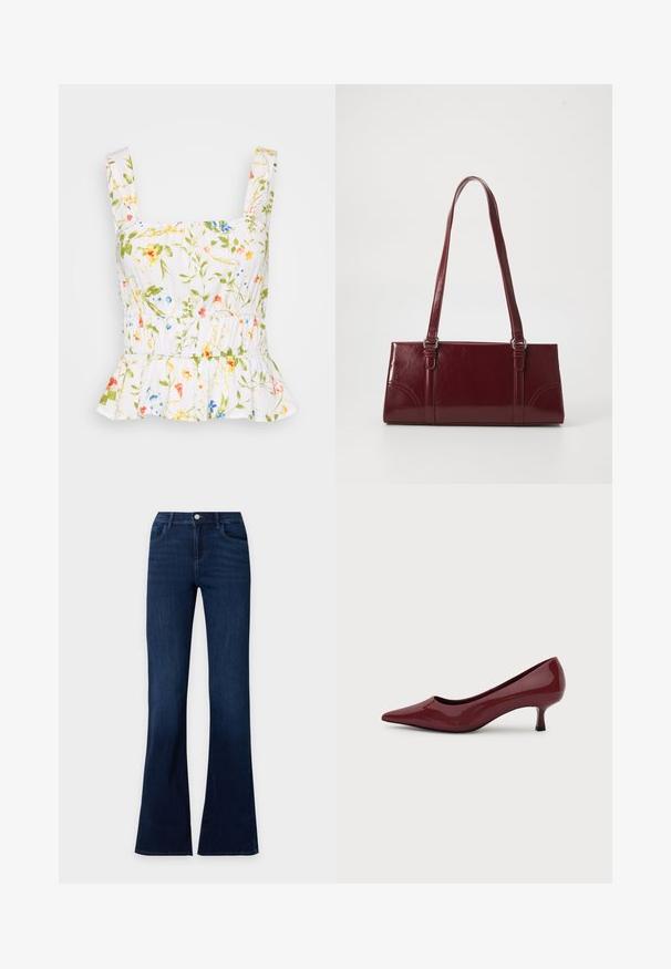 Haut floral blanc avec des motifs verts, bleus et roses. Présente des bretelles larges, une taille élastique et un volant en peplum à l'ourlet. Tissu léger.; Jean en denim bleu foncé avec jambes évasées, poches avant et fermeture à bouton à la taille.; Escarpin femme en cuir verni rouge foncé brillant, bout pointu avec un petit talon kitten, sur fond blanc uni.; Sac à main bordeaux en matériau brillant, de forme rectangulaire, avec deux anses et des accents légèrement courbés à l'avant.