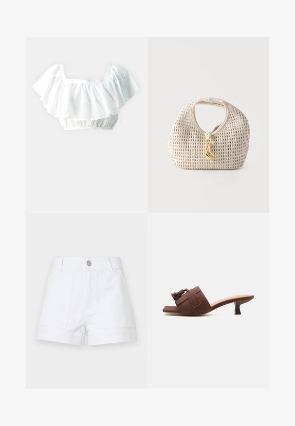 Blusa blanca corta con mangas rizadas, escote cuadrado y dobladillo elástico. Presenta sutiles detalles florales bordados.; Shorts de mezclilla blanca con cintura alta, dos bolsillos frontales y cierre de botón plateado. Corte recto con bordes doblados.; Zueco de ante marrón con tacón kitten de altura media, punta cuadrada y detalle de borlas en la correa ancha que cruza el pie.; Bolso tejido de color crema con forma redondeada, asa corta y cierre decorativo dorado colgando en el centro delantero.