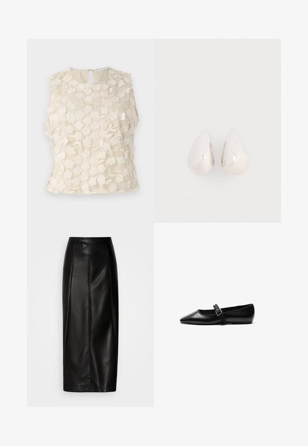 Haut sans manches crème avec broderie florale, présentant un col rond et un dos en œillet. Tissu transparent avec des détails délicats et une texture.; Jupe midi en cuir noir avec une taille ajustée, une texture lisse, des détails de coutures apparentes et une silhouette droite. Aucune décoration présente.; Chaussure noire plate en cuir avec un bout pointu, bride réglable avec une boucle en métal, texture lisse et design minimaliste.; Boucles d'oreilles en métal argenté en forme de goutte, avec une surface lisse et réfléchissante, présentant un design sans couture et sans embellissements visibles.