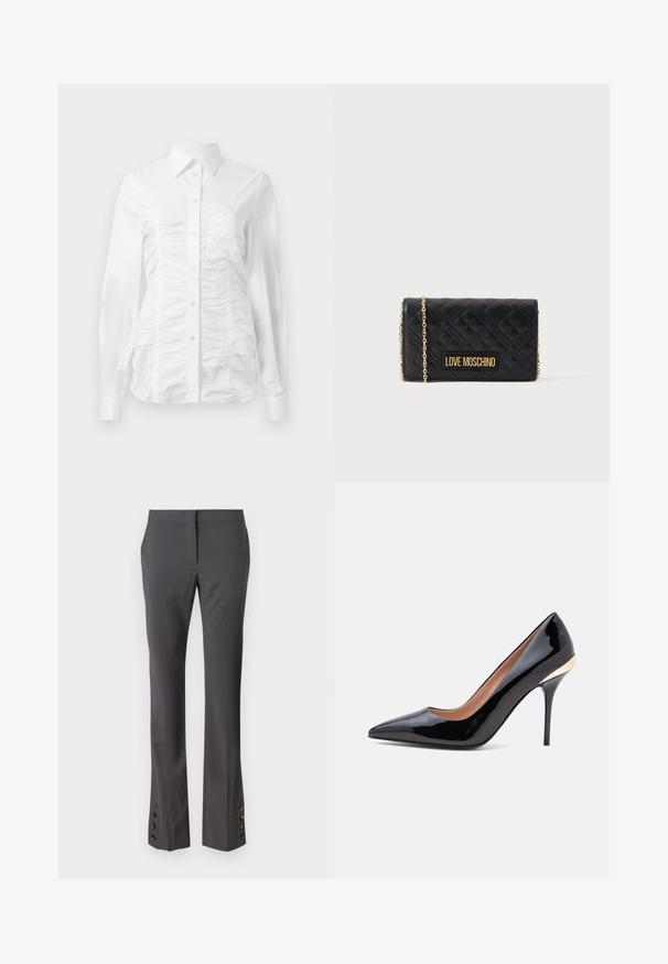 Chemise blanche à manches longues avec un texture froncée sur le devant, petits boutons dorés et col standard.; Pantalon gris sur mesure avec une coupe droite, accents de boutons au bas, et une texture lisse. Doté d'un devant plat et de poches latérales.; Chaussure à talon haut en cuir verni noir à bout pointu avec un talon aiguille fin et un accent doré près du contrefort.; Porte-monnaie rectangulaire matelassé noir avec bandoulière chaîne dorée et plaque logo dorée "Love Moschino" à l'avant.