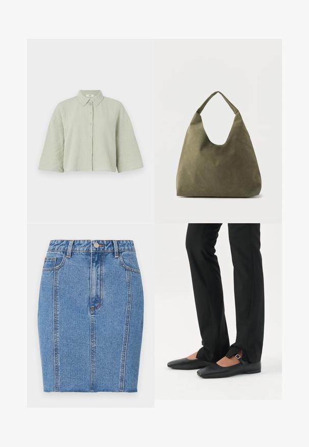 Lys grøn, kortærmet skjorte med knapper lavet af struktureret stof, som har en spids krave og en løs pasform med en lige kant.; Lys blå denim mini-skirt med høj talje, to frontlommer og orange syning. Glat tekstur, tætsiddende design.; Ben iført sorte smalle bukser med forreste slidser ved kanten, parret med sorte flade Mary Jane-sko med lille spænde.; Olivengrøn skuldertaske i blødt læder med en bred, enkelt strop og en afslappet, ustruktureret form på en lys baggrund.