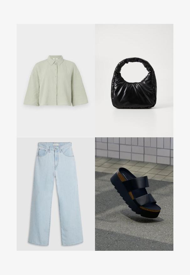 Lys grøn, kortærmet skjorte med knapper lavet af struktureret stof, som har en spids krave og en løs pasform med en lige kant.; Lyseblå, vide jeans med høj talje, der har knap- og lynlås lukning, dobbelte forlommer foran og diskrete syningsdetaljer.; Sort platform-sandal med tyk korksål og to brede remme, placeret på struktureret fortov nær flisebelagt væg.; Sort polstret håndtaske med et rundt håndtag, der har en glat, skinnende overflade og en blød, kviltet tekstur. Ingen synlige hardware eller accenter.