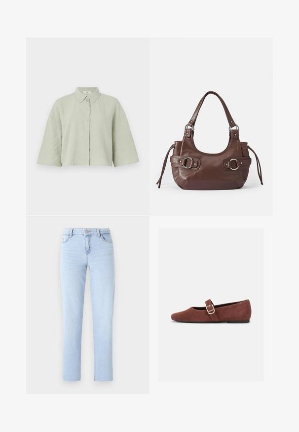 Lys grøn, kortærmet skjorte med knapper lavet af struktureret stof, som har en spids krave og en løs pasform med en lige kant.; Lyseblå lige ben jeans lavet af denim, med en standard talje, fem lommer og subtile sømdetaljer.; Brun ruskind Mary Jane-flad sko med en guldspænde og sort sål på hvid baggrund.; Brun læderhåndtaske med rund form, sølvhardware, to sideskuldre og en glat tekstur. Har en enkelt toppen håndtag.