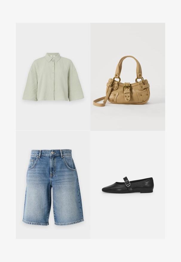 Lichtgroen, kortärms, button-up shirt van gestructureerde stof, met een puntige kraag en een losse pasvorm met een rechte zoom.; Lichte blauwe denimshorts met een rechte snit, vijf zakken en bronzen hardware. Heeft een rafelrand en een vervaagde wassing.; Zwarte leren platte schoen met een ronde neus, een enkele verstelbare gespsluiting en een gladde, glanzende textuur. Minimalistisch ontwerp met een lage hak.; Beige leren handtas met dubbele handvatten, messing gesps en klinknagel details, en een verstelbare schouderriem tegen een witte achtergrond.
