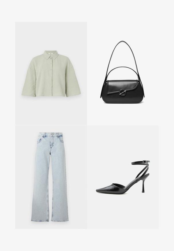 Lys grøn, kortærmet skjorte med knapper lavet af struktureret stof, som har en spids krave og en løs pasform med en lige kant.; Lyseblå bred ben jeans lavet af denim, med høj talje, bælteholdere, fem lommer og slidte områder for et vintage udseende.; Sort spids højhælet sko med tynde ankelremme og sølvspænde på en ensfarvet lys baggrund.; Sort skuldertaske i læder med en buet klap, der er fastgjort med en rund metal spænde, og en slank, justerbar rem.
