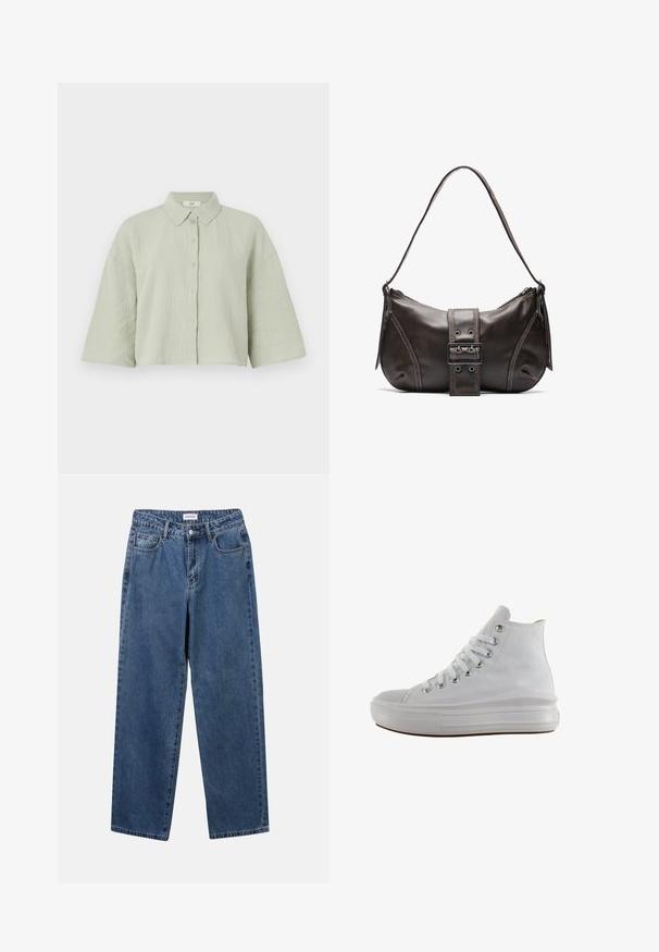 Camisa de botones de manga corta en verde claro, hecha de tela texturizada, con cuello puntiagudo y un ajuste holgado con un dobladillo recto.; Jeans de mezclilla azul clásico con un diseño de pierna recta, cinco bolsillos y cierre de botón. Presenta un lavado medio y una textura resistente.; Zapatilla de lona blanca de caña alta con cordones blancos, ojales metálicos, suela gruesa de goma y puntera texturizada, mirando hacia la izquierda sobre un fondo blanco.; Bolso de hombro de cuero marrón con forma curva, que presenta un prominente detalle de hebilla, costuras en contraste y una sola correa para el hombro.