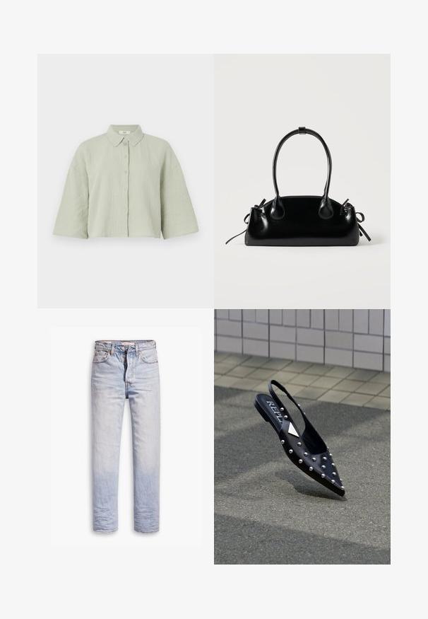 Lys grøn, kortærmet skjorte med knapper lavet af struktureret stof, som har en spids krave og en løs pasform med en lige kant.; Lyseblå denimjeans med lige ben, der har en knaplukning, fem lommer og en diskret falmning langs benene.; Sort spids slingback-sko lavet af glat materiale, med sølvnitter, flad sål og logo på indersålen.; Lille sort blank håndtaske med to lange håndtag og snøre-detaljer i siden på en ensfarvet lys baggrund.
