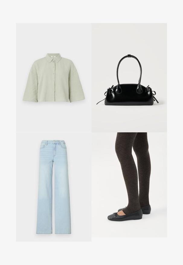 Lys grøn, kortærmet skjorte med knapper lavet af struktureret stof, som har en spids krave og en løs pasform med en lige kant.; Lyseblå bredbenede jeans lavet af denim med et klassisk fem-lomme design og en frontknaplukning. Har let falmning foran.; Ben iført mørke ribbede leggings kombineret med sorte balletsko med små sløjfedetaljer på hvid baggrund.; Lille sort blank håndtaske med to lange håndtag og snøre-detaljer i siden på en ensfarvet lys baggrund.
