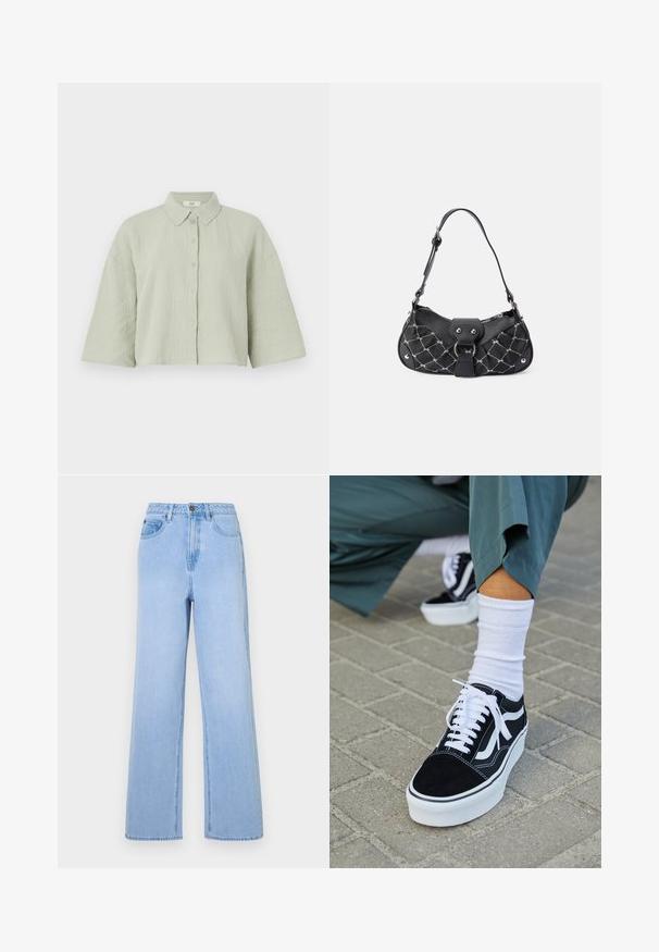 Lichtgroen, kortärms, button-up shirt van gestructureerde stof, met een puntige kraag en een losse pasvorm met een rechte zoom.; Lichtblauwe high-waisted jeans met een wijd uitlopende pasvorm, gemaakt van denim. Kenmerkt zich door opvallende stiksels en een vijf-pocket styling.; Zwarte suède sneaker met witte accenten en veters, uitgerust met een dikke witte zool en contrasterende stiksels, gecombineerd met een witte sok.; Zwarte handtas met een gekruist textuur, voorzien van zilveren hardware, een gebogen vorm en een enkele verstelbare hengsel. Ritssluiting aan de bovenkant.