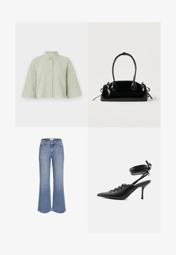 Lys grøn, kortærmet skjorte med knapper lavet af struktureret stof, som har en spids krave og en løs pasform med en lige kant.; Højtaljede, lyseblå denimjeans med vide bukseben og frontknaplukning.; Sort spids sko med høje hæle, snørelukning foran og omlægning omkring anklerne bundet med sløjfe, vist fra siden på hvid baggrund.; Lille sort blank håndtaske med to lange håndtag og snøre-detaljer i siden på en ensfarvet lys baggrund.