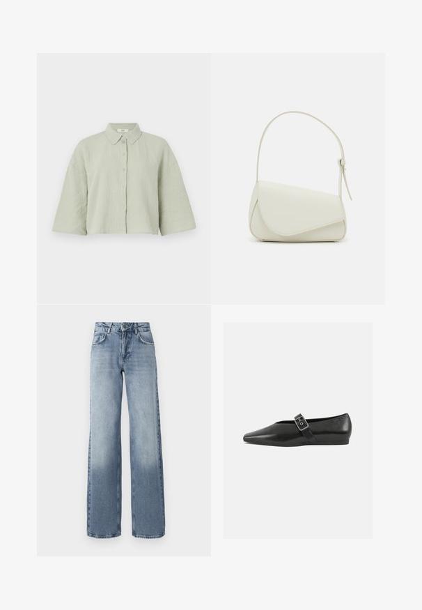 Lys grøn, kortærmet skjorte med knapper lavet af struktureret stof, som har en spids krave og en løs pasform med en lige kant.; Bredde ben bløde denim jeans i blå med en lys vask, lynlås, fem-lomme design og subtil falming nær anklerne.; Sorte læder flade sko med spidse tæer, prydet med en metallisk spænde over vristen og en lav, fleksibel sål.; Hvid taske i faux læder med en struktureret trekantet form, enkelt justerbart skulderstrop og en flaplås med kurver.