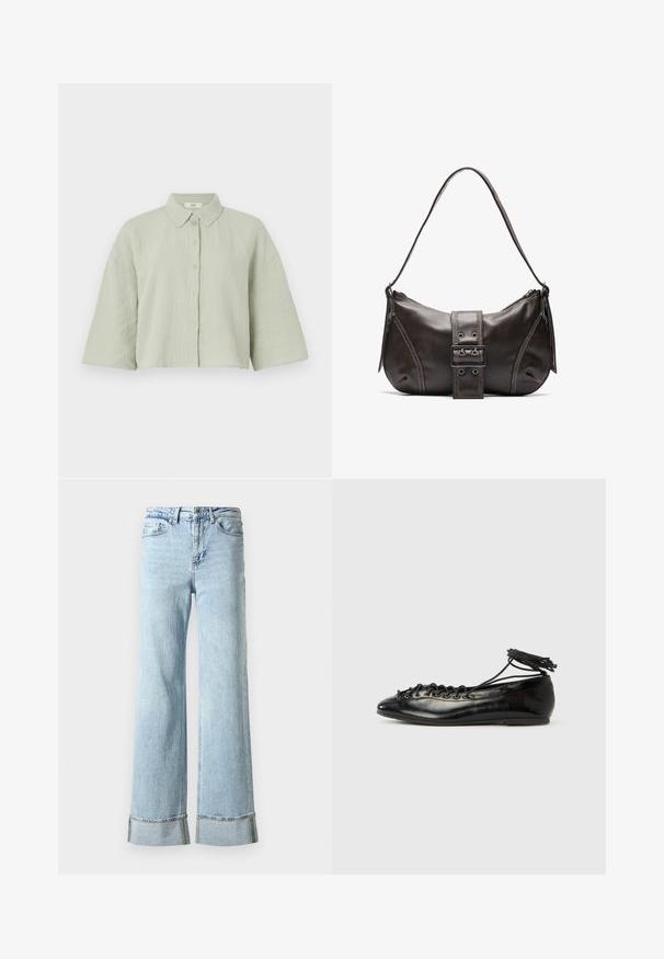 Lys grøn, kortærmet skjorte med knapper lavet af struktureret stof, som har en spids krave og en løs pasform med en lige kant.; Lysblå denim jeans med brede ben, frynset kant og dekorative rhinsten detaljer ved manchetterne. Standard fem-lomme design.; Sorte balletflade sko i laklæder med rundet tå, snørelukning og flad sål. Glat tekstur med få detaljer.; Brun læder skuldertaske med en buet form, der har et fremtrædende spænde, kontrasterende syninger og en enkelt skulderrem.