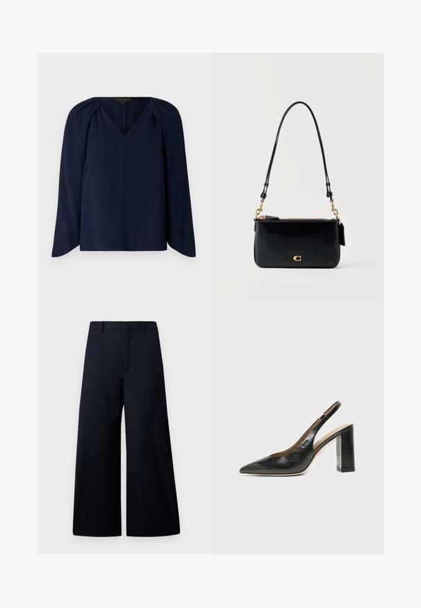 Blusa de manga larga azul marino con escote en V, que presenta sutiles pliegues en los hombros y una textura suave y lisa. Diseño simple y elegante.; Pantalones de pierna ancha en azul marino oscuro, hechos de una tela suave. Presentan una cinturilla plana, pliegue frontal y sin herrajes o patrones visibles.; Zapato slingback de piel negra con puntera puntiaguda, tacón alto y ancho, y forro interior beige sobre un fondo claro y liso.; Bolso de hombro de cuero negro con cremallera dorada, detalle de cierre dorado y correa ajustable sobre un fondo claro liso.