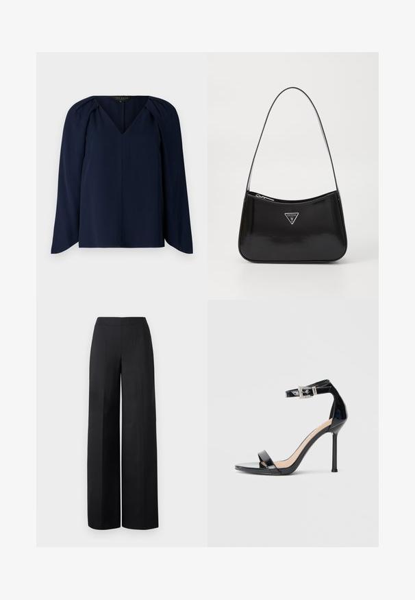 Mørkeblå bluse med lange ærmer og V-hals, der har subtile plisseringer ved skuldrene og en glat, blød tekstur. Enkel, elegant design.; Sorte brede benbukser lavet af glat stof. Har en høj talje og rene, lige linjer uden synlige lommer eller pynt.; Sort højhælet sandal i laklæder med ankelrem. Har minimalistisk design, åben tå og spænde med rhinsten-detaljer.; Sort patenteret læder skuldertaske med en buet form, prydet med et sølvfarvet trekantet logo og en lynlås-lukning. Glat tekstur og slank rem.