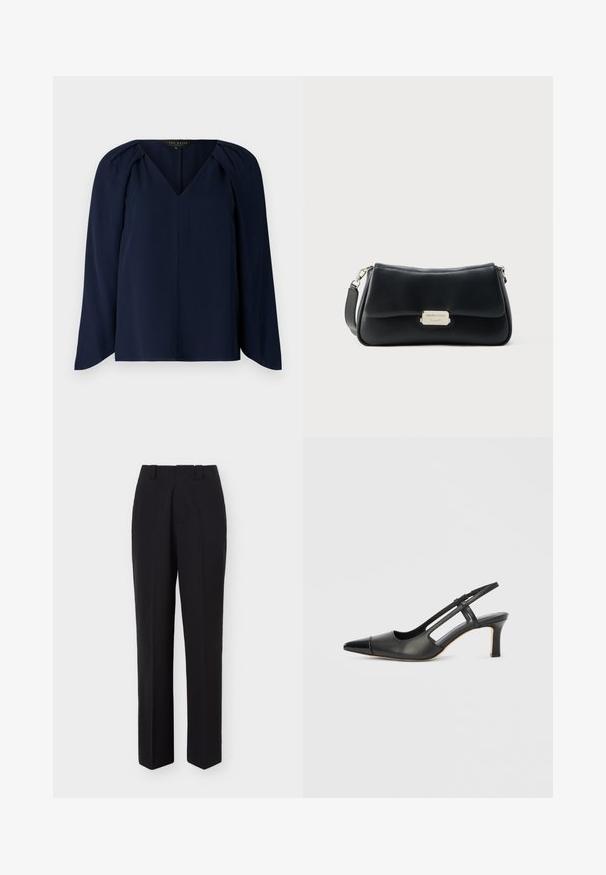 Blusa de manga larga azul marino con escote en V, que presenta sutiles pliegues en los hombros y una textura suave y lisa. Diseño simple y elegante.; Pantalones negros a medida de pierna recta con trabillas para cinturón y detalle de pliegue frontal, mostrados sobre un fondo blanco liso.; Zapato slingback de cuero negro con punta afilada, con un acento brillante en la puntera y un tacón de altura media. Diseño con lateral abierto.; Bolso de hombro de cuero negro con forma curva, con una etiqueta de herrajes en tono dorado y una correa desmontable. Textura suave.