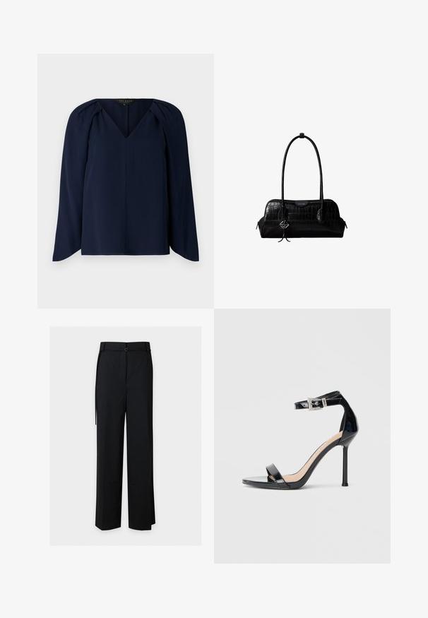 Blouse bleu marine à manches longues avec un décolleté en V, présentant de légères plissures aux épaules et une texture lisse et douce. Design simple et élégant.; Pantalon noir taille haute à jambes larges avec une ceinture minimaliste et un détail de fente latérale sur un fond clair uni.; Sandale à talon haut en cuir verni noir avec bride à la cheville. Présente un design minimaliste, un bout ouvert et une boucle ornée de strass.; Sac à épaule en cuir noir à texture crocodile, avec de longues sangles et un petit charm logo argenté sur une sangle.