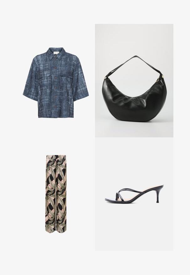 Gestuz DEMIA - Nööpidega pluus - dark blue; Palazzo püksid, millel on must alus ja julge lehe muster rohelise, beeži ja punase tooni kombinatsiooniga, ning mugavust pakkuv elastne vöökoht.; Mustast lakknahast kontsakingad, millel on õhukesed risti kõndivad rihmad ja kitsas keskmise kõrgusega konts.; Mustast nahast õla kott, millel on kõver kuju, pehme tekstuur ja üks rihm; sisaldab kuldset tõmblukku ja peent brändimist.