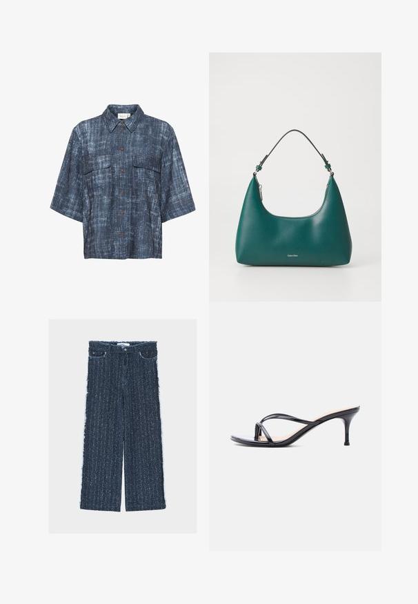 Gestuz DEMIA - Hemdbluse - dark blue; Weit geschnittene Jeanshose in Dunkelblau mit strukturierter Oberfläche, ausgefransten Seitenähten, vier Taschen und einer vorderen Knopfleiste.; Schwarze Peeptoe-Sandale aus Lackleder mit dünnen, gekreuzten Riemen und einem schlanken, mittelhohen Stilettoabsatz vor weißem Hintergrund.; Teal Handtasche mit einer geschwungenen Form und einem Schultergurt, mit einem dezenten Calvin Klein Logo auf der Vorderseite vor einem schlichten weißen Hintergrund.