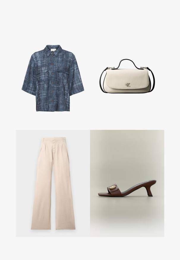Gestuz DEMIA - Blusa - dark blue; Pantalones de pierna ancha beige hechos de algodón, con plisados en la parte frontal y una textura suave. El diseño incluye una cinturilla estándar y sin patrón visible.; Mule de cuero marrón con punta abierta, tacón bajo y curvado, y una correa ancha con un adorno dorado decorativo.; Bolso rectangular de color crema con correa y asa negras, cierre frontal con solapa y pequeño logo plateado "cK" en el centro del frente.