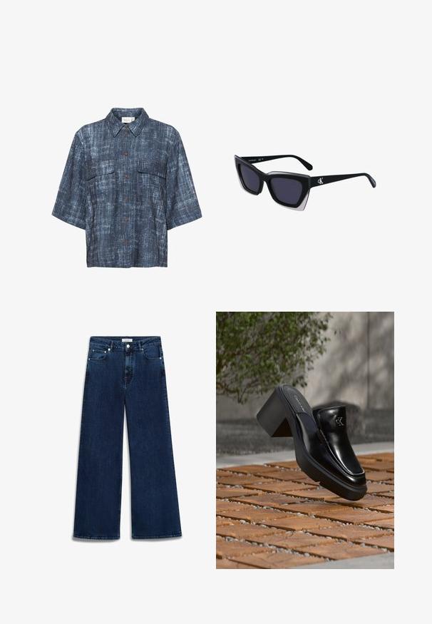 Gestuz DEMIA - Overhemdblouse - dark blue; Luxe-wijd denim jeans in donkerblauw met een licht vervaagde afwerking, vijf zakken, knoopsluiting en riemlussen.; Zwarte leren Calvin Klein slip-on mule met blokhak rustend op houten tegels buiten, vlak bij een groene plant en een grijze muur.; Zwarte oversized zonnebril met een geometrische vorm, voorzien van donkere glazen en een contrasterend grijs detail op het montuur. Logo op de arm.