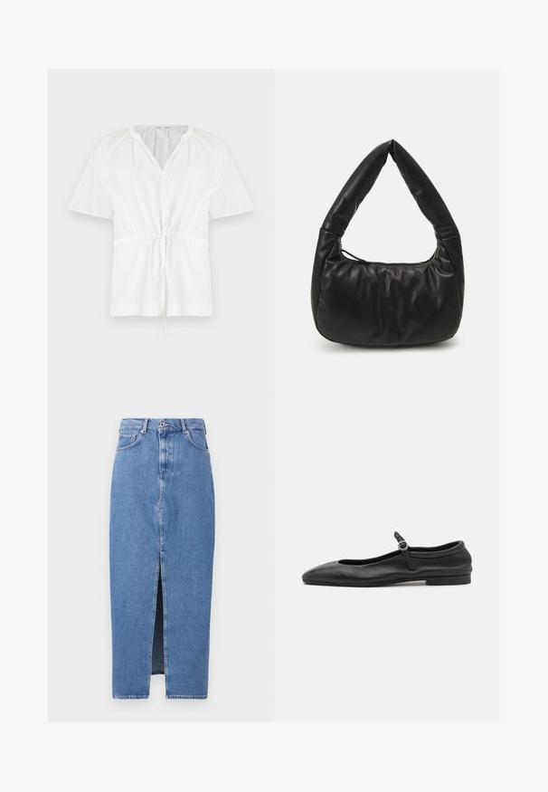 Suéter blanco con escote en V y mangas cortas. Presenta una tela de algodón ligero, cintura con cordón y detalles texturizados en los hombros.; Falda midi de mezclilla azul claro con una abertura frontal, diseño clásico de cinco bolsillos y cierre con botón en la parte superior. La tela tiene una ligera textura.; Bailarinas de cuero negro con punta redonda, escote estrecho y una pequeña correa en el tobillo con una hebilla circular. Suela baja y plana.; Bolso de hombro de cuero negro con un diseño holgado, que presenta un asa anudada distintiva y un cierre con cremallera. Textura suave en toda la superficie.
