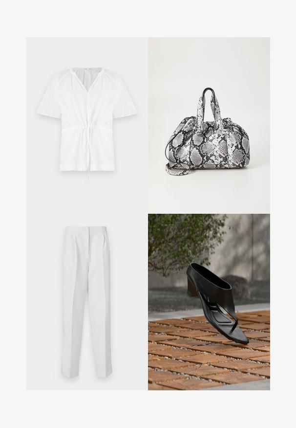 Suéter blanco con escote en V y mangas cortas. Presenta una tela de algodón ligero, cintura con cordón y detalles texturizados en los hombros.; Pantalones blancos a medida con corte recto, que cuentan con pinzas en la parte delantera, dos bolsillos laterales y una cinturilla limpia para un aspecto pulido.; Sandalia negra de tacón alto con tira entre los dedos, flotando sobre una superficie exterior de madera y grava con patrón, con vegetación desenfocada y pared al fondo.; Bolso de mano con patrón de piel de serpiente en blanco y negro, con dos asas, un cierre de cordón y una correa para el hombro desmontable. Textura suave.