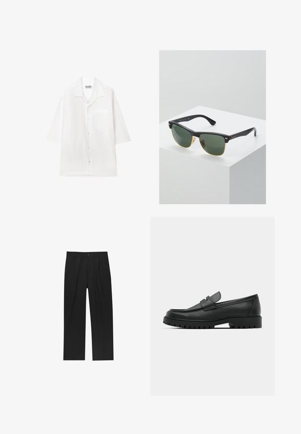 Chemise blanche à manches courtes avec col et poche poitrine, étiquetée Studio Seidensticker.; Pantalons noirs au design droit, fabriqués à partir d'un tissu lisse. Dotés de plis sur le devant et d'une fermeture à un bouton à la taille.; Mocassins en cuir noir à bout arrondi, avec un design cousu, une semelle plateforme basse et une semelle en caoutchouc texturée et crantée.; Lunettes de soleil Ray-Ban avec des verres verts, monture en plastique noir et accents dorés sur les bords. Forme carrée avec une finition mate.