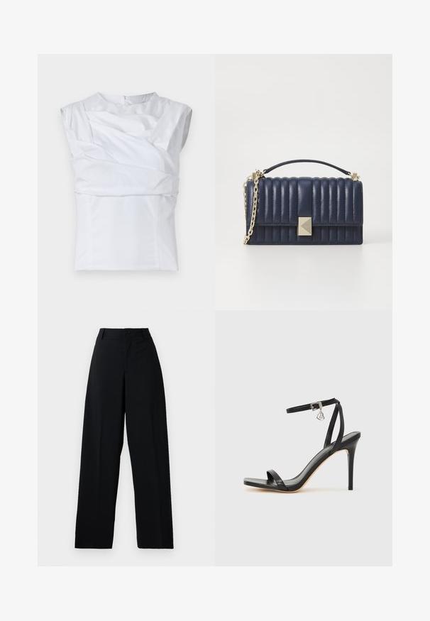 Haut sans manches blanc avec un design structuré, présentant des détails en tissu drapé et une fermeture éclair dissimulée au dos. Texture douce.; Pantalons noirs taille haute à larges jambes avec bouton et fermeture éclair, passants de ceinture et finition en tissu lisse et propre.; Sandale à talon haut noire avec une bride étroite à la cheville, bout carré, cuir lisse et accent de boucle métallique.; Sac à main en cuir bleu marine avec un design matelassé, une chaîne dorée et un accent métallique carré à l'avant. Forme compacte et structurée.