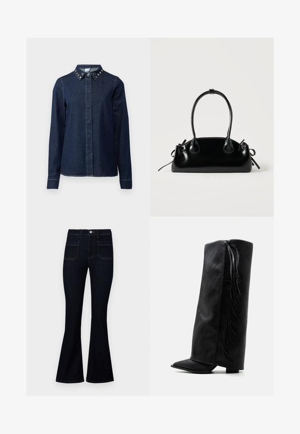 Mørk denimskjorte med knaplukning foran, lange ærmer og krave med dekorative metalnitter. Glat tekstur, klassisk snit.; Mørkeblå outfitted jeans med høj talje, lavet af denim, med to baglommer og kontraststing langs sømmene.; Sort læder knæhøj støvle med spids tå og dekorativ frynse langs ydersiden mod en ensartet hvid baggrund.; Lille sort blank håndtaske med to lange håndtag og snøre-detaljer i siden på en ensfarvet lys baggrund.