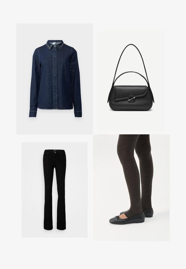 Tumman denim-paita, jossa on napitus edessä, pitkät hihat ja kaulus, jossa on koristeellisia metallinastoja. Sileä tekstuuri, klassinen leikkaus.; Mustat stretch-denimi leveälahkeiset farkut, joissa on nappikiinnitys, neljä taskua ja sileä pinta, suunniteltu istuvan siluetin luomiseksi.; Jalat, joissa tummat ribbineuleiset leggingsit yhdistettynä mustiin balettitossuihin, joissa on pienet rusettikoristeet valkoisella taustalla.; Musta nahkainen käsilaukku pyöristetyillä reunoilla, epäsymmetrisellä läppäosalla, metallisella pyöreällä lukolla sekä lyhyillä ja pitkillä olkahihnoilla.