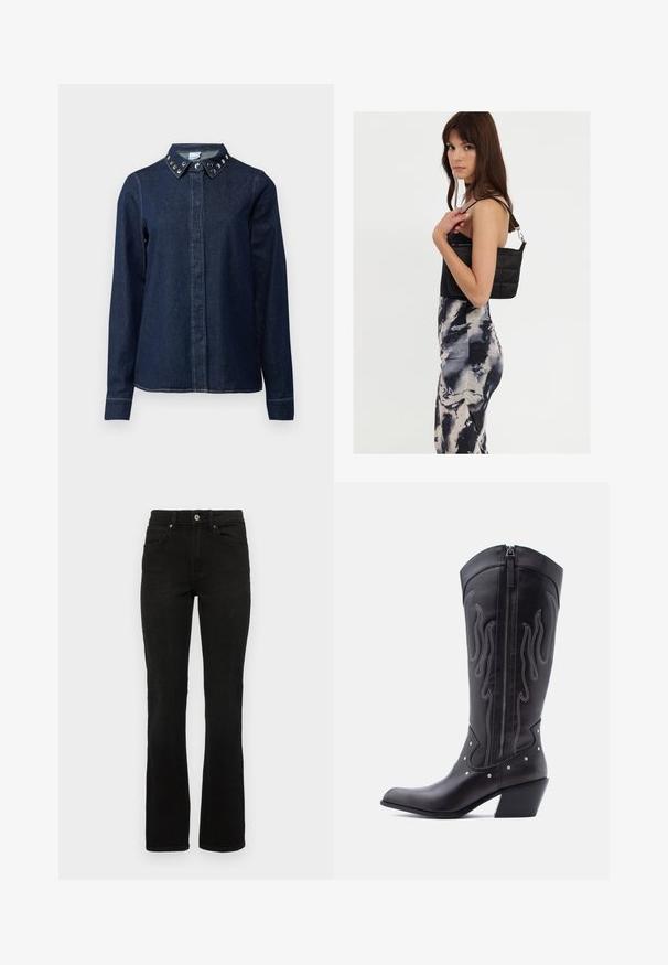 Mørk denimskjorte med knaplukning foran, lange ærmer og krave med dekorative metalnitter. Glat tekstur, klassisk snit.; Sorte denimjeans med en flagrende benedesign, mellemhøj talje, fem lommer og knaplukning. Materialet har en glat, robust tekstur.; Sorte cowboystøvler i læder med spids tå, synlige sømme, sølvfarvede nitte-detaljer og lynlås på den indvendige side.; Sort quiltet skuldertaske med en enkelt rem og sølvhardware, parret med en tætsiddende kjole med tie-dye mønster i nuancer af sort og creme.
