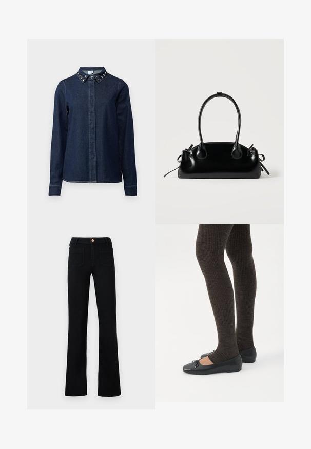 Mørk denimskjorte med knaplukning foran, lange ærmer og krave med dekorative metalnitter. Glat tekstur, klassisk snit.; Sorte højtaljede lige ben jeans med frontlomme og kobberknaplukning på en neutral baggrund.; Ben iført mørke ribbede leggings kombineret med sorte balletsko med små sløjfedetaljer på hvid baggrund.; Lille sort blank håndtaske med to lange håndtag og snøre-detaljer i siden på en ensfarvet lys baggrund.