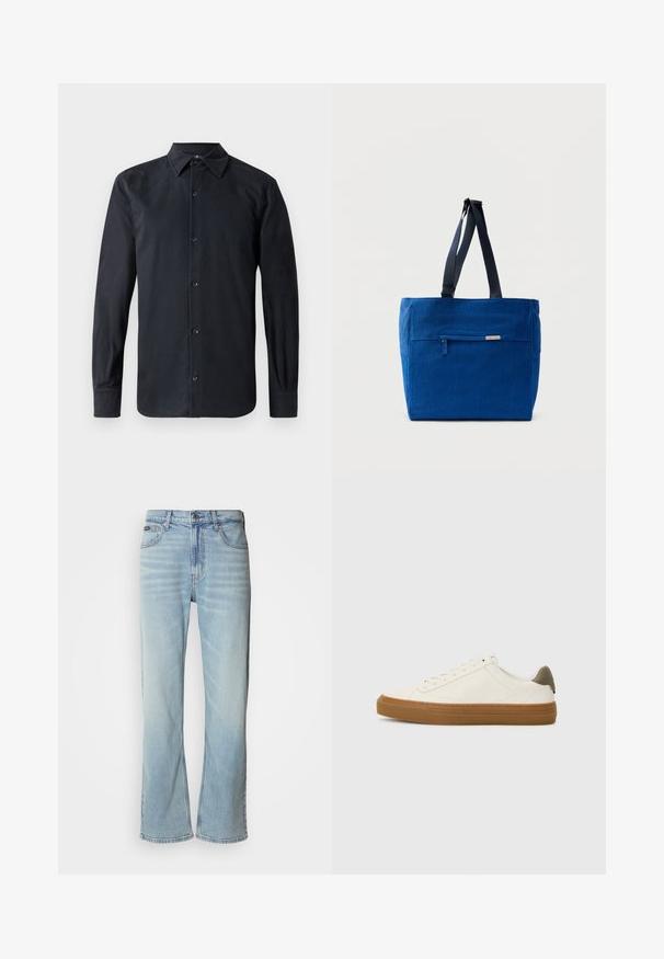 Schwarzes Langarmhemd mit klassischem Kragen, vorderer Knopfleiste, aus glattem Stoff, mit geradem Schnitt und geknöpften Manschetten.; Hellblaue Jeans aus Denim mit geradem Bein, ausgestattet mit fünf Taschen, einem Knopfverschluss und subtilen Verwaschungen im Stoff.; Weiße Leder-Sneaker mit abgerundetem Zehenbereich, Gummisohle in Kautschukoptik und olivgrünem Fersenakzent. Besitzt eine Schnürung und minimales Nähen.; Blaue Canvas-Einkaufstasche mit einer vorderen Reißverschlusstasche, doppelten Schulterriemen und rechteckiger Form. Verfügt über ein dezentes Markenlabel.