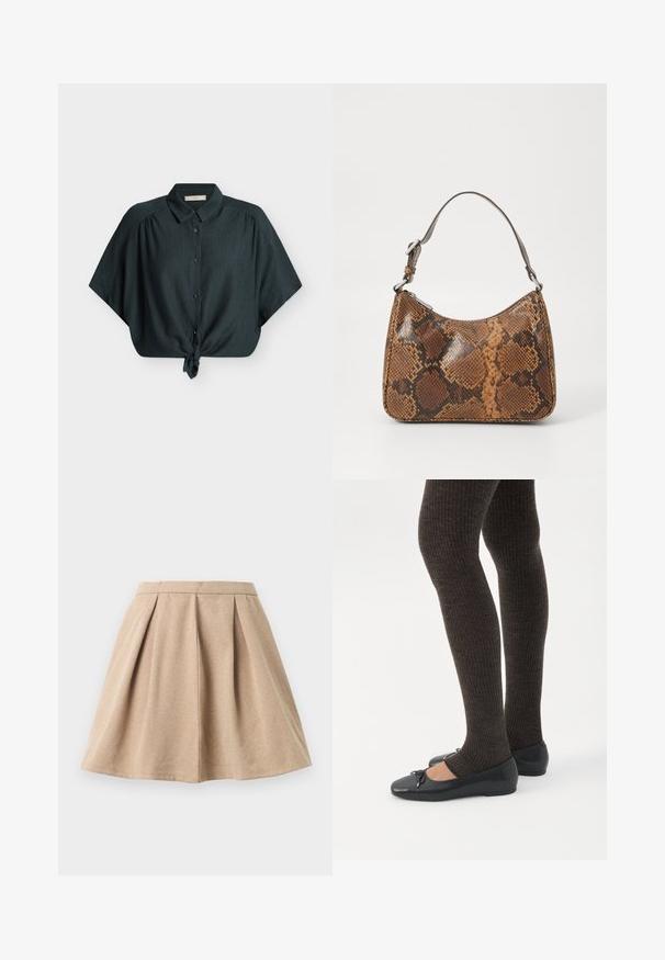 Blouse vert foncé à manches courtes avec boutons, col et nœud noué devant, en tissu texturé, présentée à plat sur fond blanc.; Jupe plissée beige en tissu texturé, avec une taille ajustée et un design évasé qui arrive au milieu de la cuisse.; Jambes portant des leggings côtelés foncés associés à des ballerines noires avec de petits détails en nœud sur fond blanc.; Petit sac à main avec un motif en peau de serpent marron et noir, courroie courte et ajustable, et fermeture éclair.