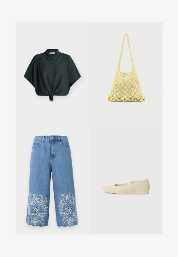 Blouse vert foncé à manches courtes avec boutons, col et nœud noué devant, en tissu texturé, présentée à plat sur fond blanc.; Shorts en denim bleu clair avec broderie florale ajourée et ourlets festonnés, dotés de poches avant et d'une fermeture à bouton.; Ballerines beiges avec une exterior en cuir lisse, un bout en forme d'amande et une sangle élastique sur le coup de pied, avec des détails de couture subtils.; Sac en filet macramé jaune avec longue bandoulière et pochette beige à l'intérieur, présenté sur un fond blanc uni.