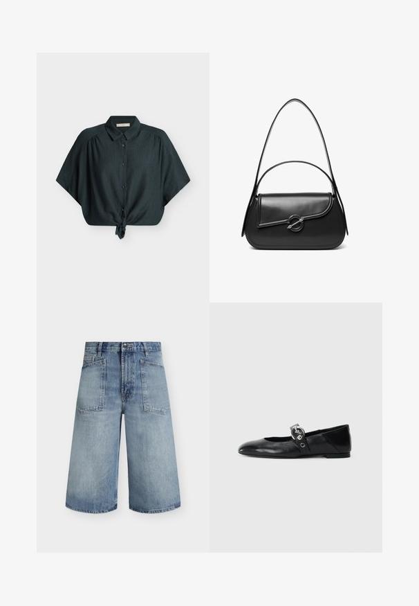 Blouse vert foncé à manches courtes avec boutons, col et nœud noué devant, en tissu texturé, présentée à plat sur fond blanc.; Short en denim bleu clair taille haute, jambes larges, poches plaquées à l'avant, passants pour ceinture et fermeture à boutons.; Ballerines en cuir noir avec un bout pointu, dotées d'une sangle avec une boucle métallique circulaire et d'une semelle plate.; Sac à bandoulière en cuir noir avec un rabat incurvé fermé par un fermoir métallique rond et une sangle fine et ajustable.